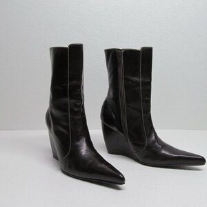 “Milano Bags” Pointed Toe Leather Wedge Boots Mid Calf Vintage EUC 38 or 7.5-8